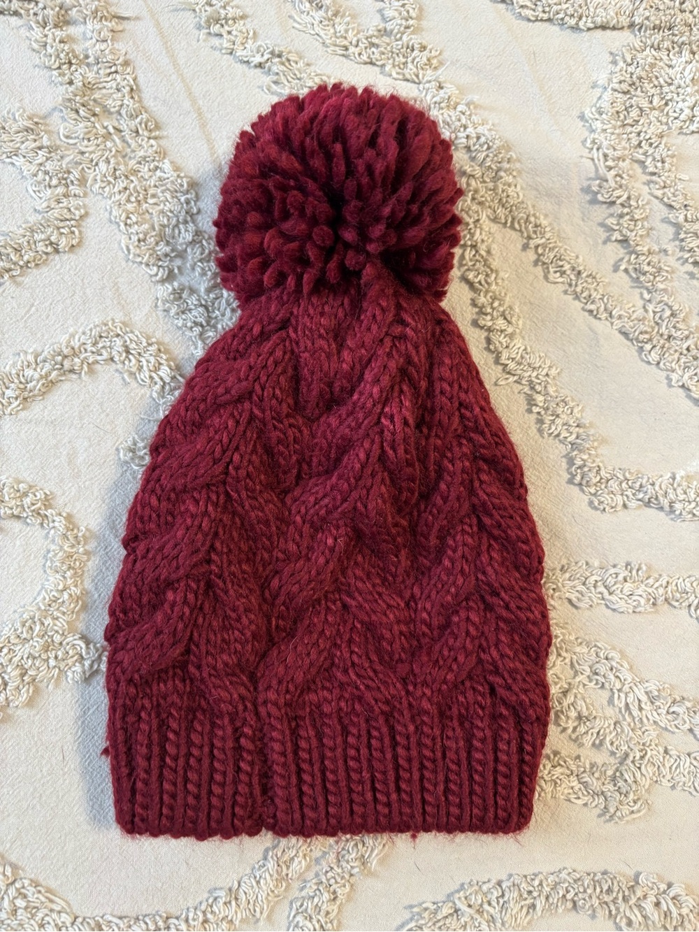 Cozy Cable Knit Pom Beanie - Wine Red
